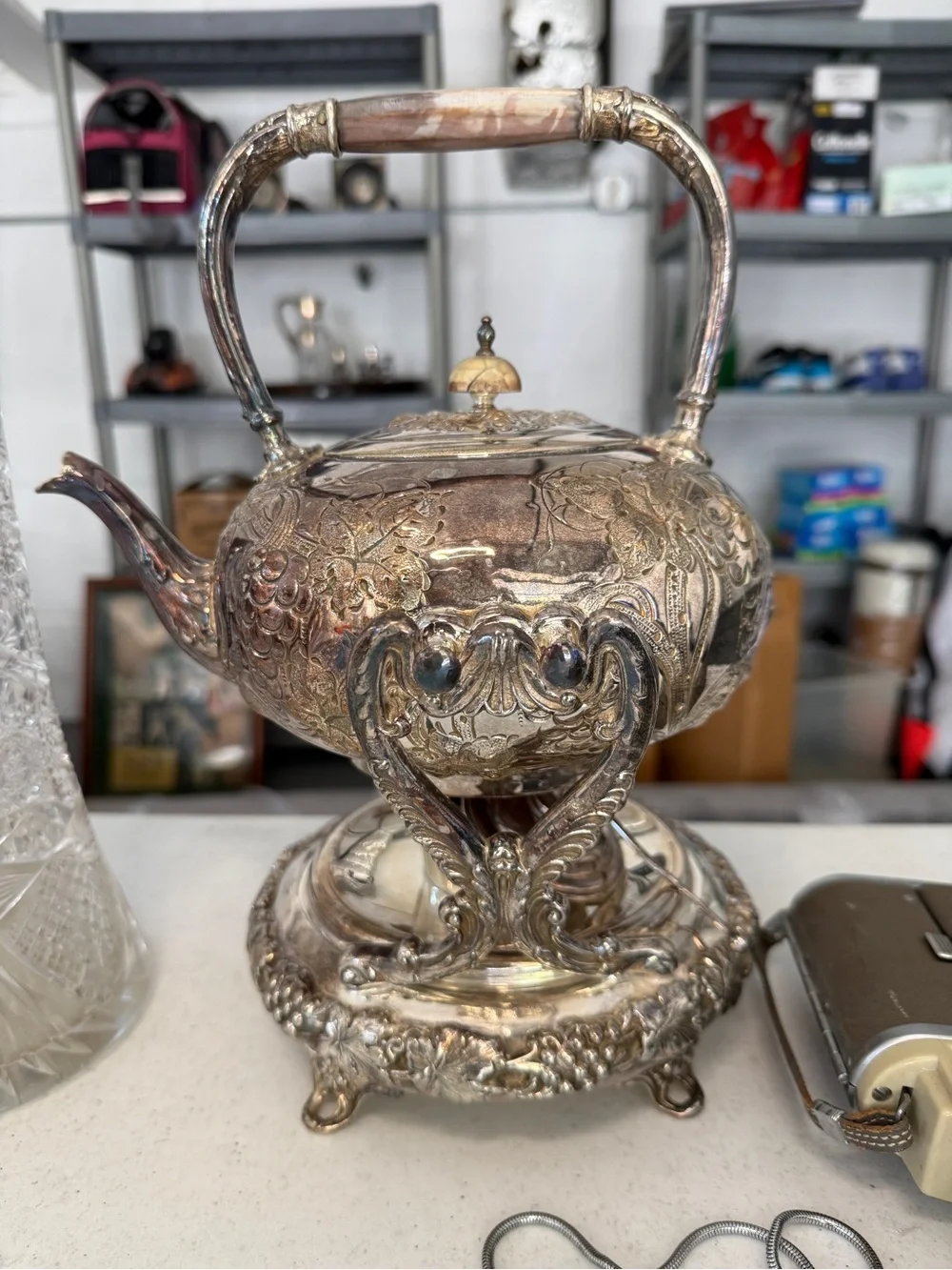 Antique-Style Silver Plated Teapot with Warmer - Ornate Floral Design